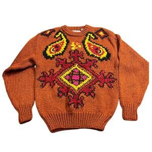 Vintage Crocheted Korea Fall‎ Autumnal Orange Sweater Granny Knitted Size Large